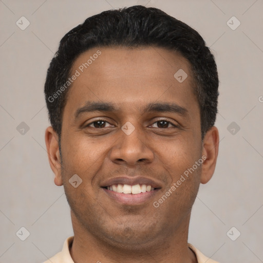 Joyful latino young-adult male with short  black hair and brown eyes