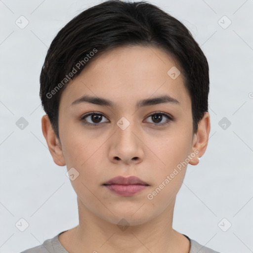 Neutral asian young-adult female with short  brown hair and brown eyes