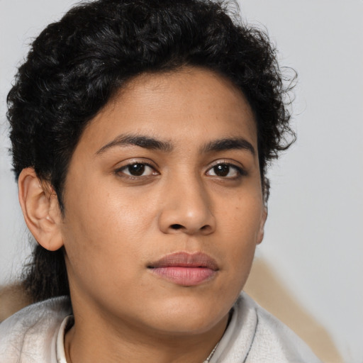 Neutral latino young-adult female with short  brown hair and brown eyes