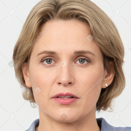 Joyful white adult female with medium  brown hair and blue eyes