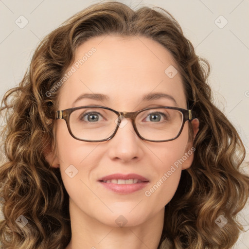 Joyful white young-adult female with long  brown hair and green eyes