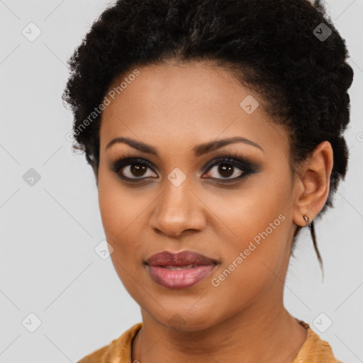 Joyful latino young-adult female with short  brown hair and brown eyes