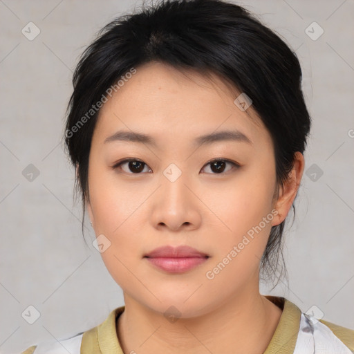 Neutral asian young-adult female with medium  black hair and brown eyes