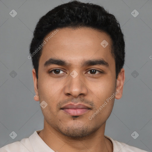 Neutral latino young-adult male with short  black hair and brown eyes