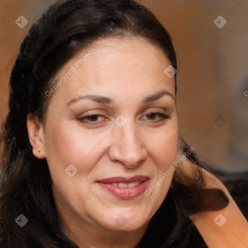 Joyful white adult female with long  brown hair and brown eyes