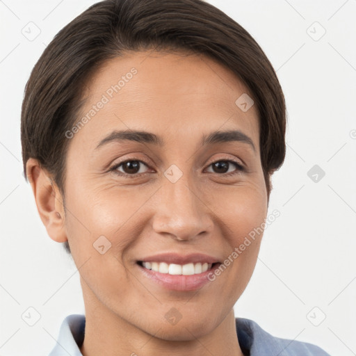 Joyful white young-adult female with short  brown hair and brown eyes