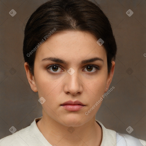 Neutral white young-adult female with short  brown hair and brown eyes