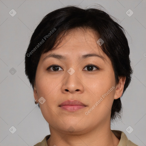 Neutral asian young-adult female with medium  brown hair and brown eyes