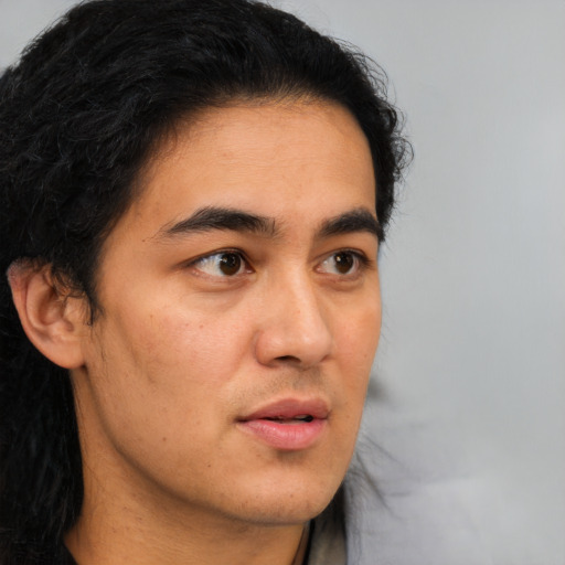 Neutral asian young-adult male with long  brown hair and brown eyes