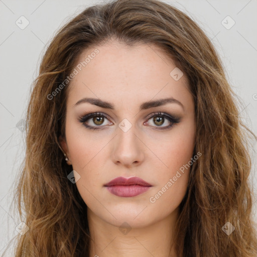 Neutral white young-adult female with long  brown hair and brown eyes