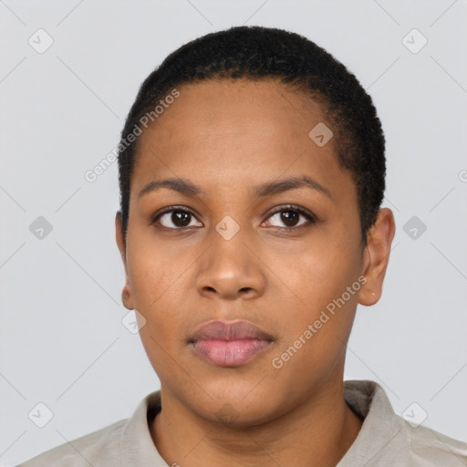 Neutral black young-adult female with short  black hair and brown eyes