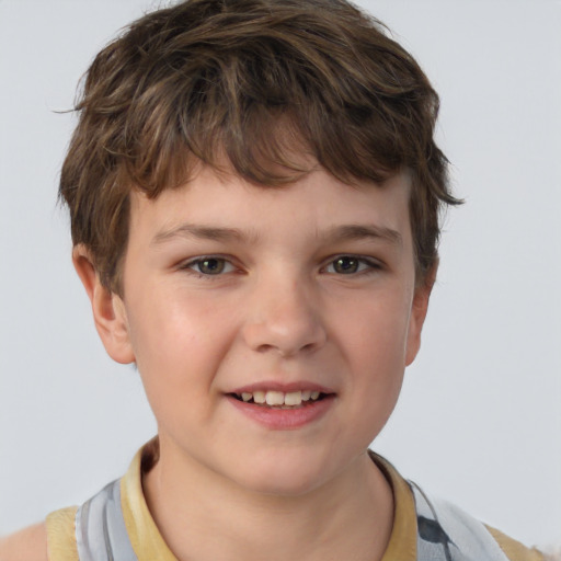 Joyful white child female with short  brown hair and grey eyes