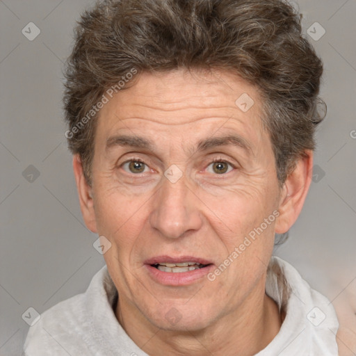 Joyful white middle-aged male with short  brown hair and brown eyes