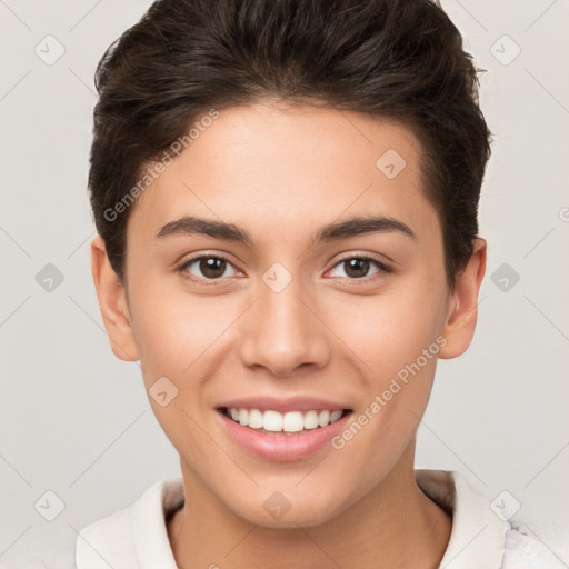 Joyful white young-adult female with short  brown hair and brown eyes