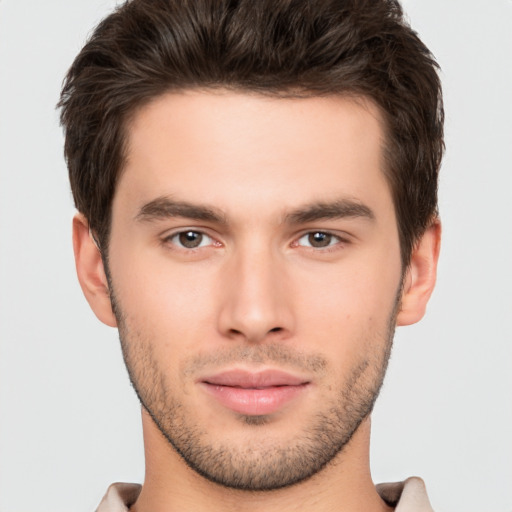 Neutral white young-adult male with short  brown hair and brown eyes