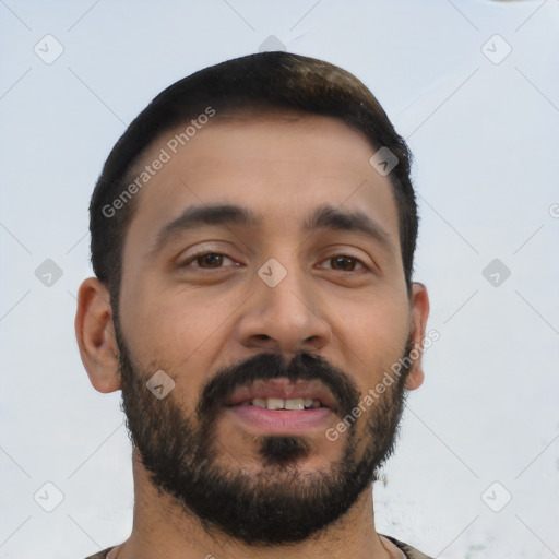 Neutral latino young-adult male with short  black hair and brown eyes