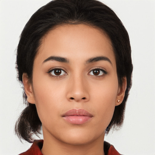 Neutral asian young-adult female with medium  brown hair and brown eyes