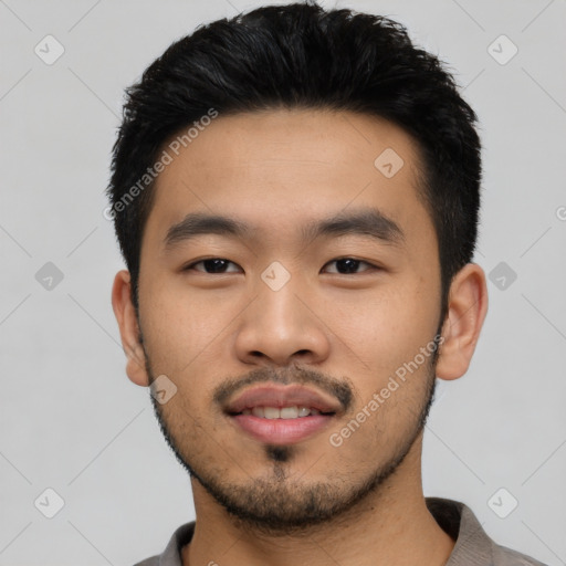 Neutral asian young-adult male with short  black hair and brown eyes