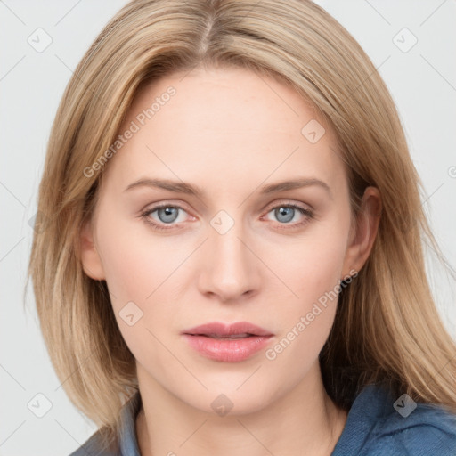 Neutral white young-adult female with medium  brown hair and blue eyes