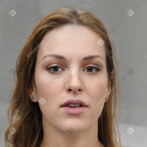 Neutral white young-adult female with medium  brown hair and brown eyes