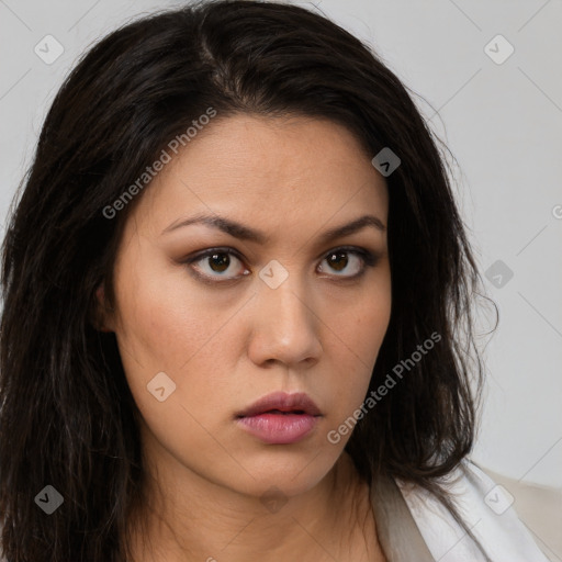 Neutral white young-adult female with long  brown hair and brown eyes