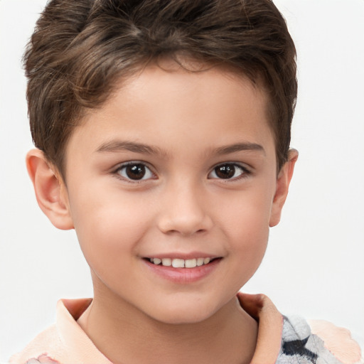 Joyful white child female with short  brown hair and brown eyes