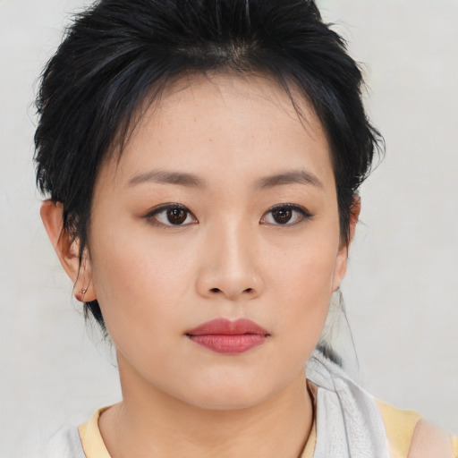 Neutral asian young-adult female with medium  brown hair and brown eyes