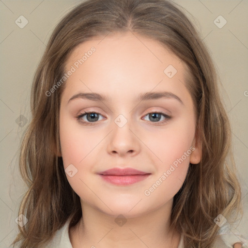 Joyful white child female with medium  brown hair and brown eyes