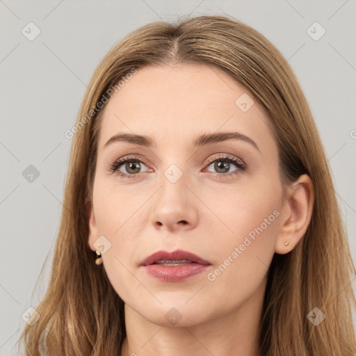 Neutral white young-adult female with long  brown hair and brown eyes