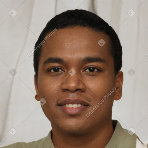 Joyful black young-adult male with short  black hair and brown eyes