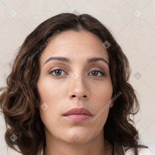 Neutral white young-adult female with medium  brown hair and brown eyes