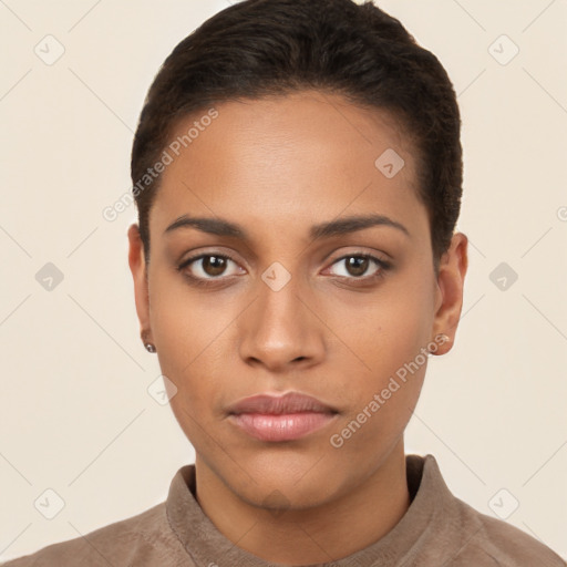 Neutral latino young-adult female with short  brown hair and brown eyes