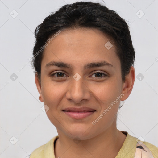 Joyful white young-adult female with short  brown hair and brown eyes