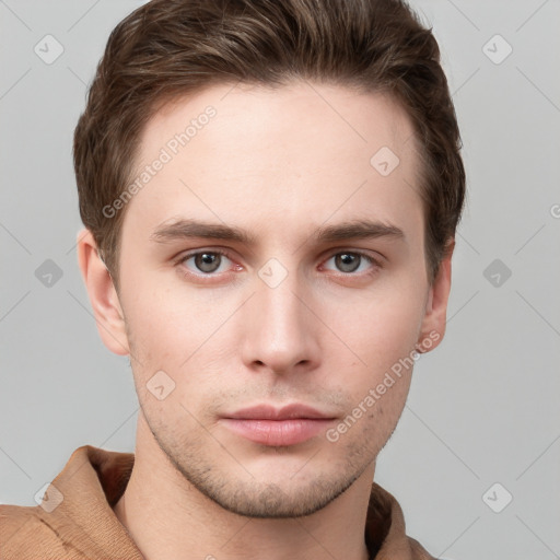 Neutral white young-adult male with short  brown hair and grey eyes