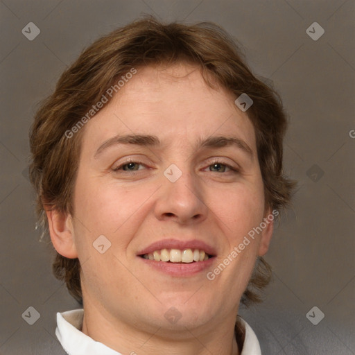 Joyful white adult female with short  brown hair and brown eyes