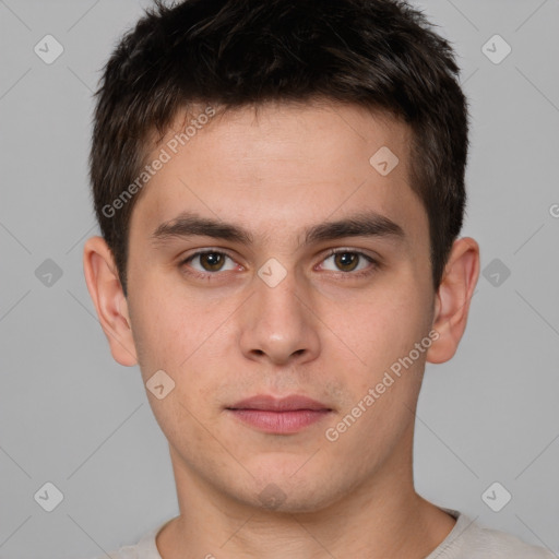 Neutral white young-adult male with short  brown hair and brown eyes