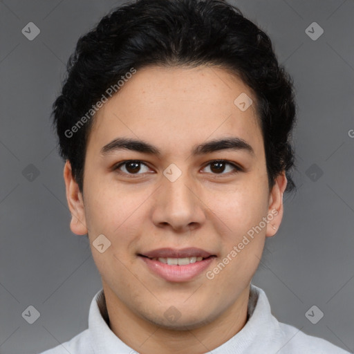 Joyful latino young-adult male with short  brown hair and brown eyes