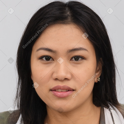 Joyful asian young-adult female with medium  brown hair and brown eyes