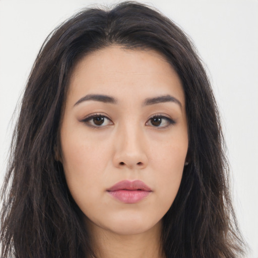 Neutral asian young-adult female with long  brown hair and brown eyes