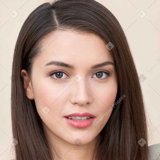 Neutral white young-adult female with long  brown hair and brown eyes