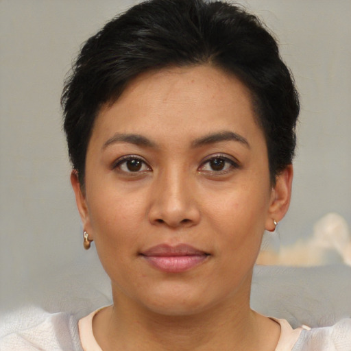 Neutral asian young-adult female with short  brown hair and brown eyes