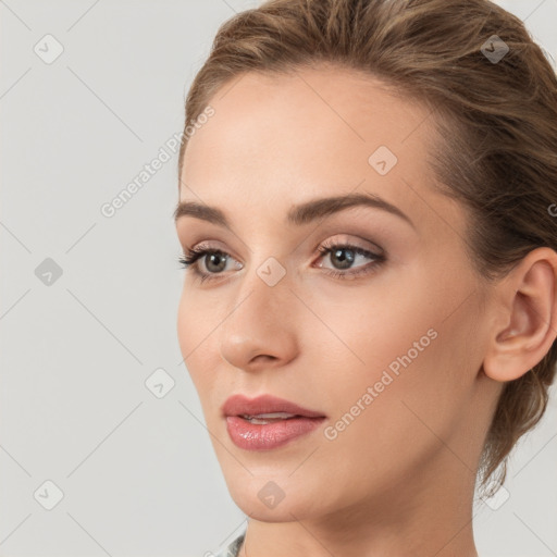 Neutral white young-adult female with medium  brown hair and brown eyes