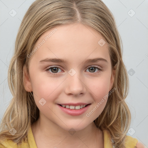 Joyful white child female with medium  brown hair and brown eyes