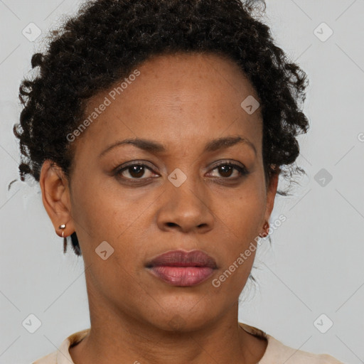 Neutral black adult female with short  brown hair and brown eyes