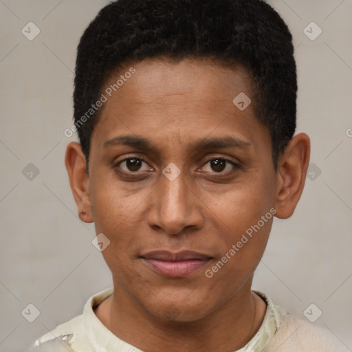 Joyful black young-adult male with short  brown hair and brown eyes