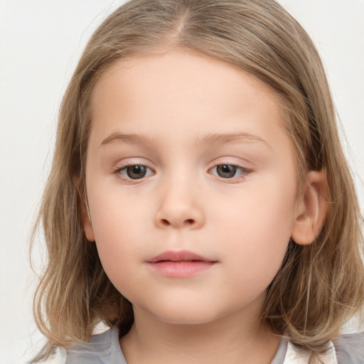 Neutral white child female with medium  brown hair and grey eyes