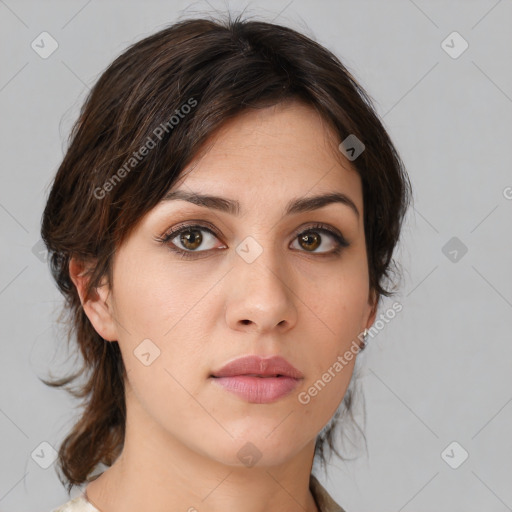 Neutral white young-adult female with medium  brown hair and brown eyes