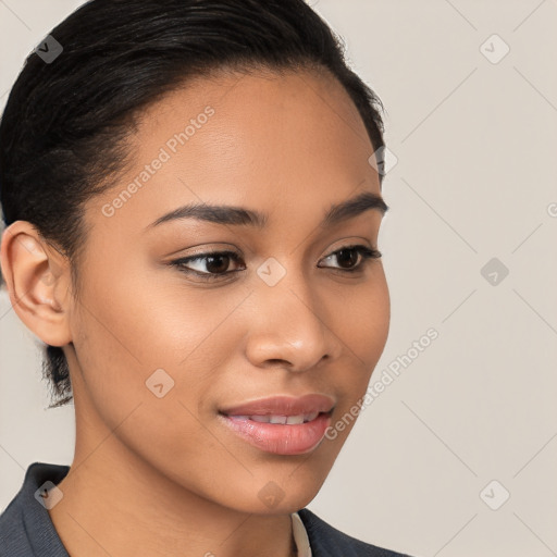 Joyful latino young-adult female with medium  brown hair and brown eyes