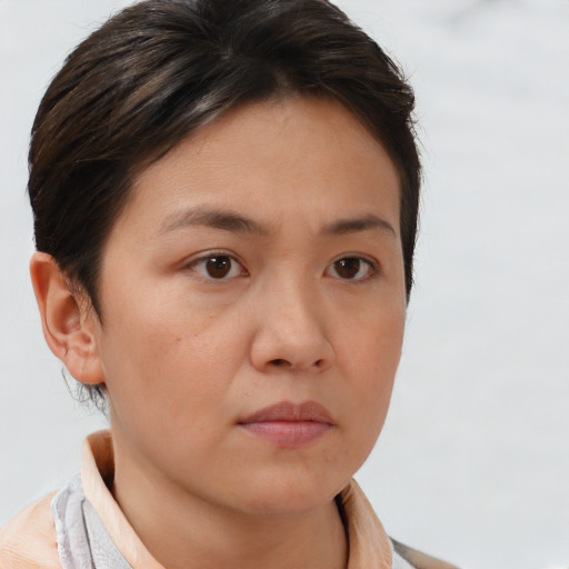 Neutral white young-adult female with short  brown hair and brown eyes
