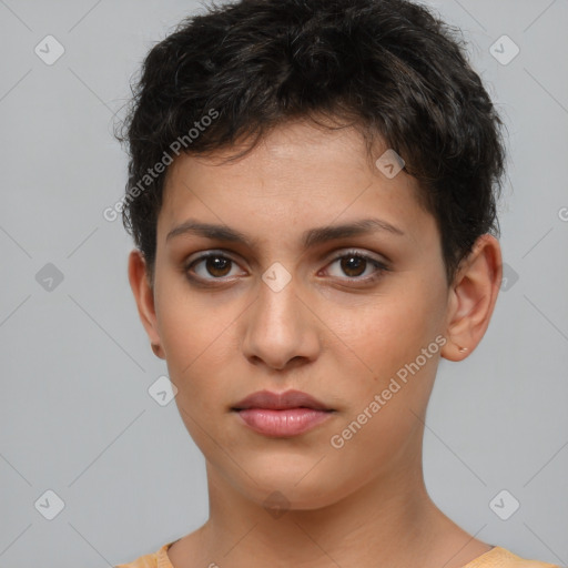 Neutral white young-adult female with short  brown hair and brown eyes